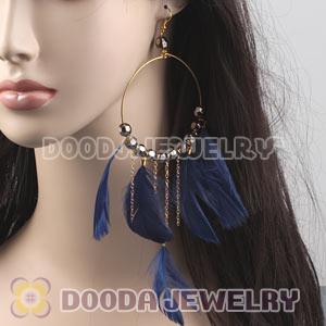 Blue Basketball Wives Feather Hoop Earrings With Beads Wholesale