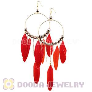 Red Basketball Wives Feather Hoop Earrings With Beads Wholesale