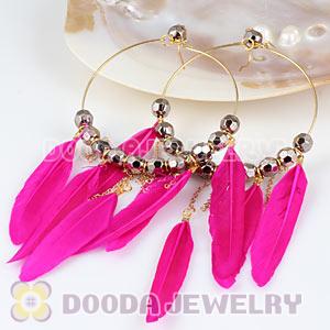 Magenta Basketball Wives Feather Hoop Earrings With Beads Wholesale