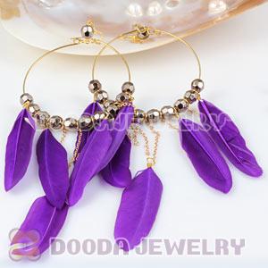 Purple Basketball Wives Feather Hoop Earrings With Beads Wholesale