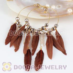 Brown Basketball Wives Feather Hoop Earrings With Beads Wholesale