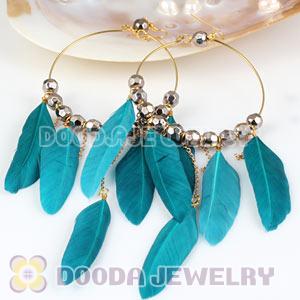 Teal Basketball Wives Feather Hoop Earrings With Beads Wholesale