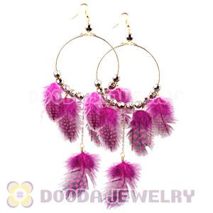 Magenta Basketball Wives Feather Hoop Earrings With Beads Wholesale