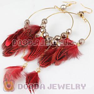 Red Basketball Wives Feather Hoop Earrings With Beads Wholesale