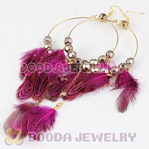 Magenta Basketball Wives Feather Hoop Earrings With Beads Wholesale