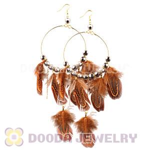 Orange Basketball Wives Feather Hoop Earrings With Beads Wholesale