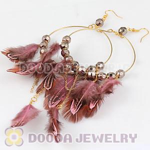 Pink Basketball Wives Feather Hoop Earrings With Beads Wholesale