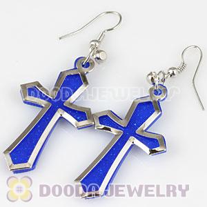 Blue Crystal Basketball Wives Bamboo Cross Hoop Earrings Wholesale