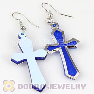 Blue Crystal Basketball Wives Bamboo Cross Hoop Earrings Wholesale