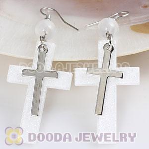 White Crystal Basketball Wives Bamboo Cross Hoop Earrings Wholesale