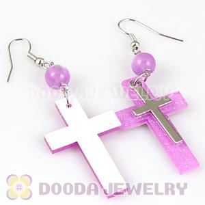 Pink Crystal Basketball Wives Bamboo Cross Hoop Earrings Wholesale