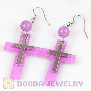 Pink Crystal Basketball Wives Bamboo Cross Hoop Earrings Wholesale
