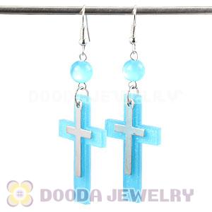 Cyan Crystal Basketball Wives Bamboo Cross Hoop Earrings Wholesale