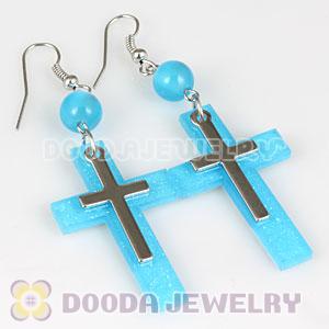 Cyan Crystal Basketball Wives Bamboo Cross Hoop Earrings Wholesale