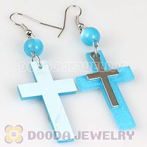 Cyan Crystal Basketball Wives Bamboo Cross Hoop Earrings Wholesale