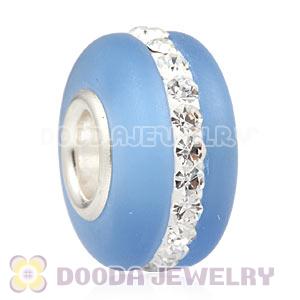 Blue Frosted Glass Silver Core Bead With Austrian Crystal For European Bracelet