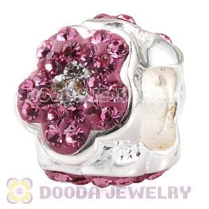  925 Sterling Silver Flower Charm Beads With Pink Austrian Crystal Wholesale 