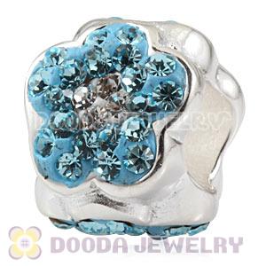 925 Sterling Silver Flower Charm Beads With Cyan Austrian Crystal Wholesale