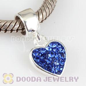 925 Sterling Silver Heart Dangle Charms With Blue Austrian Crystal Wholesale