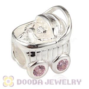 Sterling Silver European Baby Carriage Charm Bead With Pink Stones