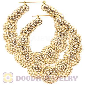 80mm Gold Basketball Wives Bamboo Buddhist Bead Crystal Hoop Earrings 