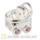 Sterling Silver European Baby Carriage Charm Bead With Pink Stones