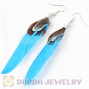 Natural Blue And Grizzly Rooster Feather Earrings With Alloy Fishhook Wholesale