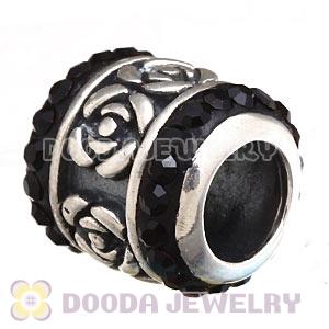 925 Sterling Silver Rose Flower Barrel Bead With Black Austrian Crystal