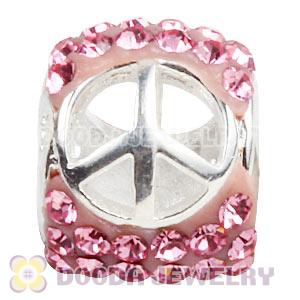 925 Sterling Silver Peace Sign Bead With Pink Austrian Crystal 