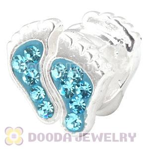 925 Sterling Silver Foot Charm Bead With Cyan Austrian Crystal 