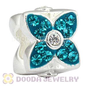 925 Sterling Silver Four Leaf Clover Beads With Blue Austrian Crystal 