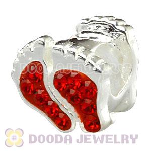 Sterling Silver European Feet Charms Bead With Red Austrian Crystal 