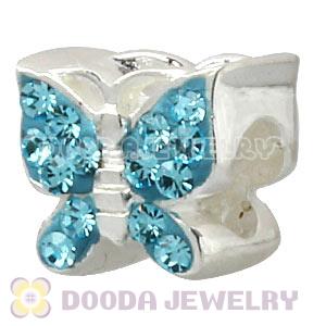 925 Sterling Silver Butterfly Charm Beads With Cyan Austrian Crystal 