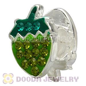 925 Sterling Silver Strawberry Charm Beads With Green Austrian Crystal 