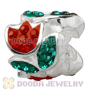 925 Sterling Silver Tulip Charm Beads With Red Austrian Crystal