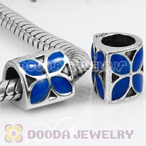925 Sterling Silver European 4 Petal Flower Bead with Blue Enamel