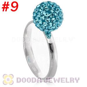 10mm Cyan Czech Crystal Ball 925 Sterling Silver Rings Wholesale