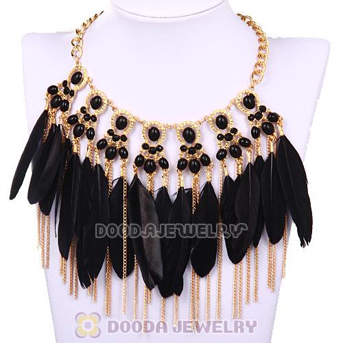 Bohemian Style Golden Chunky Chain Feather Tassel Choker Bib Necklace