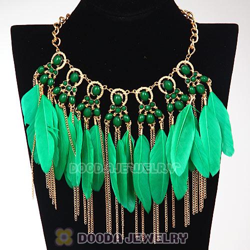 Bohemian Style Golden Chunky Chain Feather Tassel Choker Bib Necklace