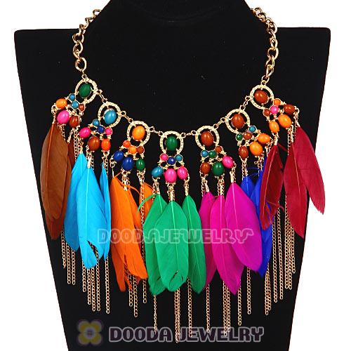 Bohemian Style Golden Chunky Chain Feather Tassel Choker Bib Necklace