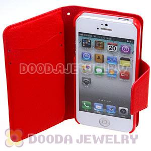 Red Lichee Pattern Credit ID Card Flip Leather Wallet Case For iPhone5 