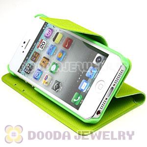 Green Lichee Pattern Credit ID Card Flip Leather Wallet Case For iPhone5 