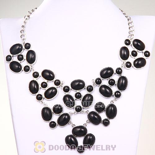 Silver Chain Retro Style Ellipse Black Resin Choker Bib Necklaces