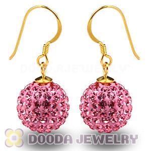 12mm Pave Pink Czech Crystal Ball Gold Plated Silver Hook Earrings Wholesale 