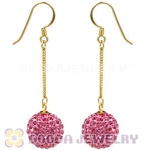 12mm Pave Pink Czech Crystal Ball Gold Plated Silver Dangle Earrings Wholesale 