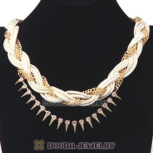 Gold Chain Braided Leather Collar Necklace With Crystal And Rivet Wholesale