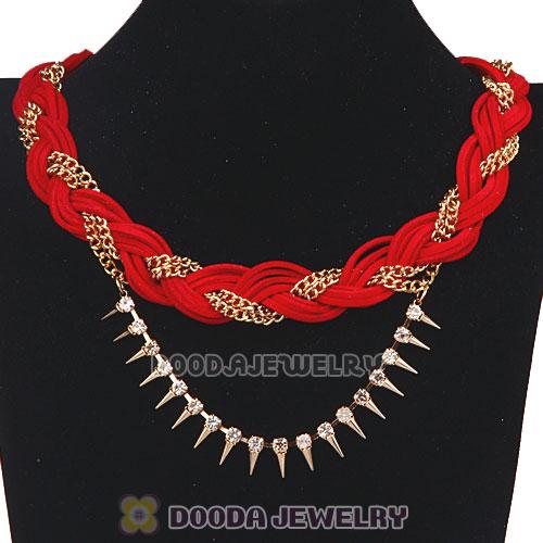 Gold Chain Braided Red Leather Collar Necklace With Crystal And Rivet Wholesale
