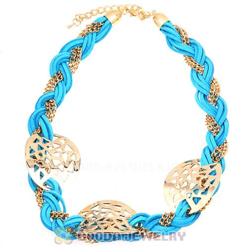 Ladies Gold Chain Cyan Braided Leather Collar Necklaces Wholesale