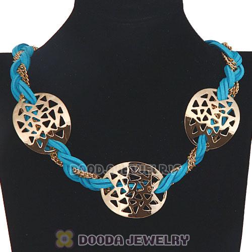 Ladies Gold Chain Cyan Braided Leather Collar Necklaces Wholesale
