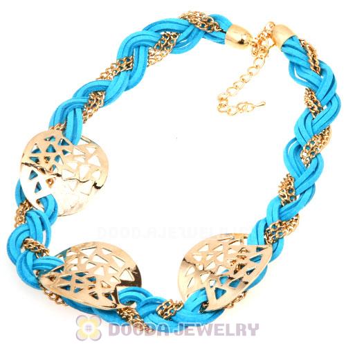 Ladies Gold Chain Cyan Braided Leather Collar Necklaces Wholesale